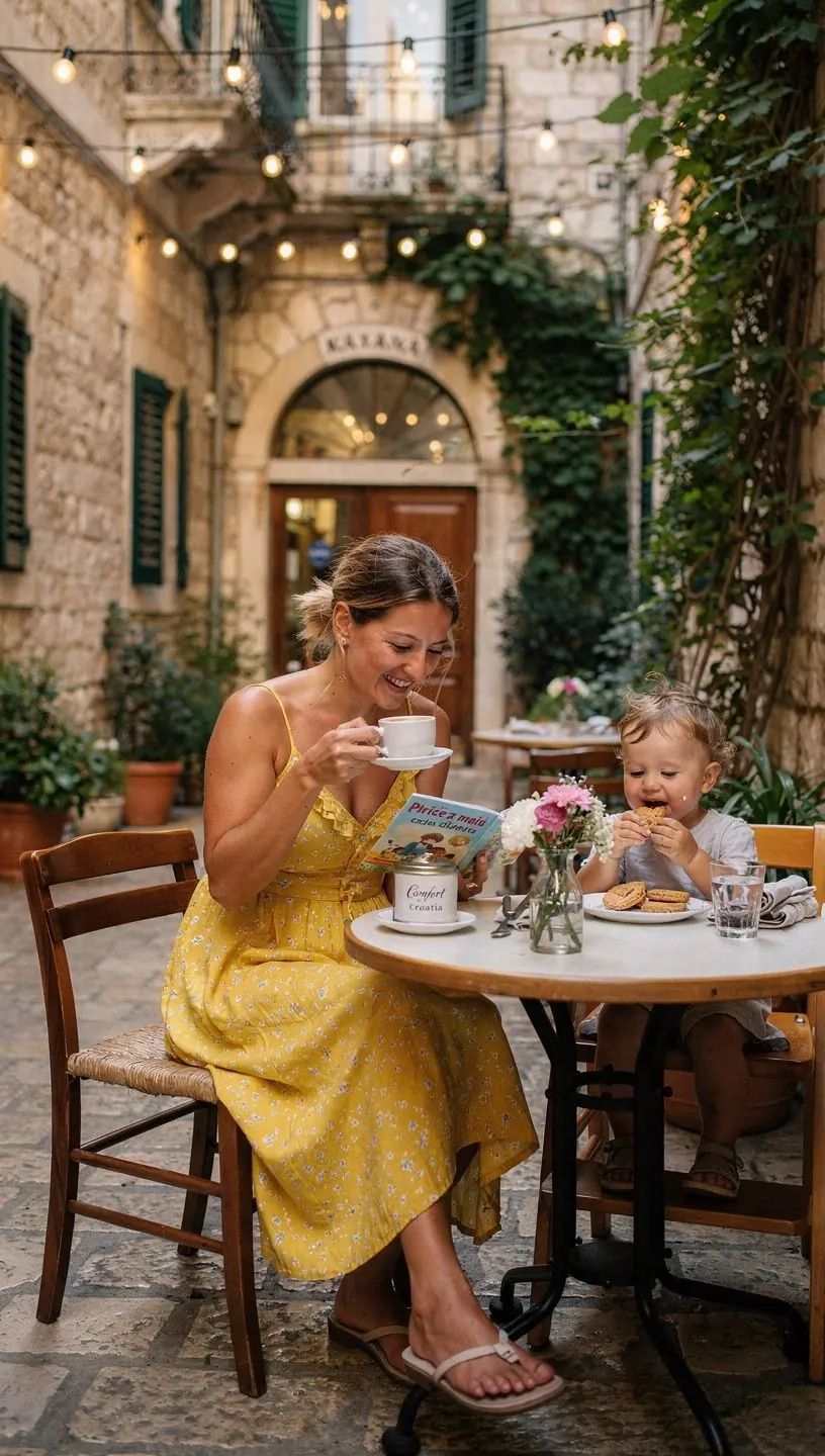 Zalazak sunca nad mirnom jezerom dok se uživa u šupljoj šalici čaja.
