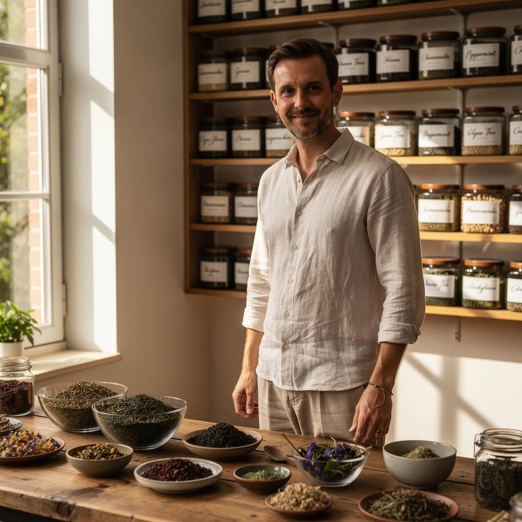 Šalica umirujućeg biljnog čaja na stolu uz svijeće i cvijeće.