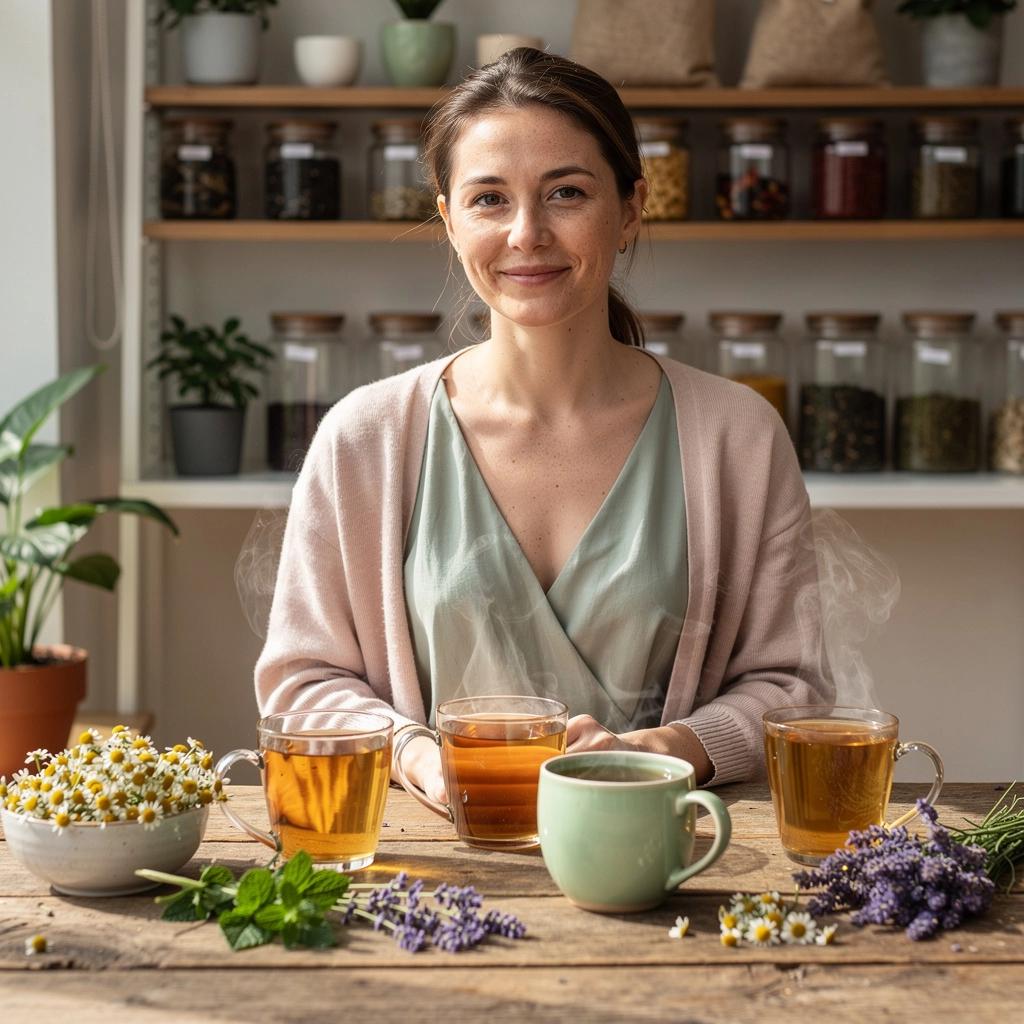 Bocica s mješavinom ljekovitog bilja okružena zelenim lišćem.